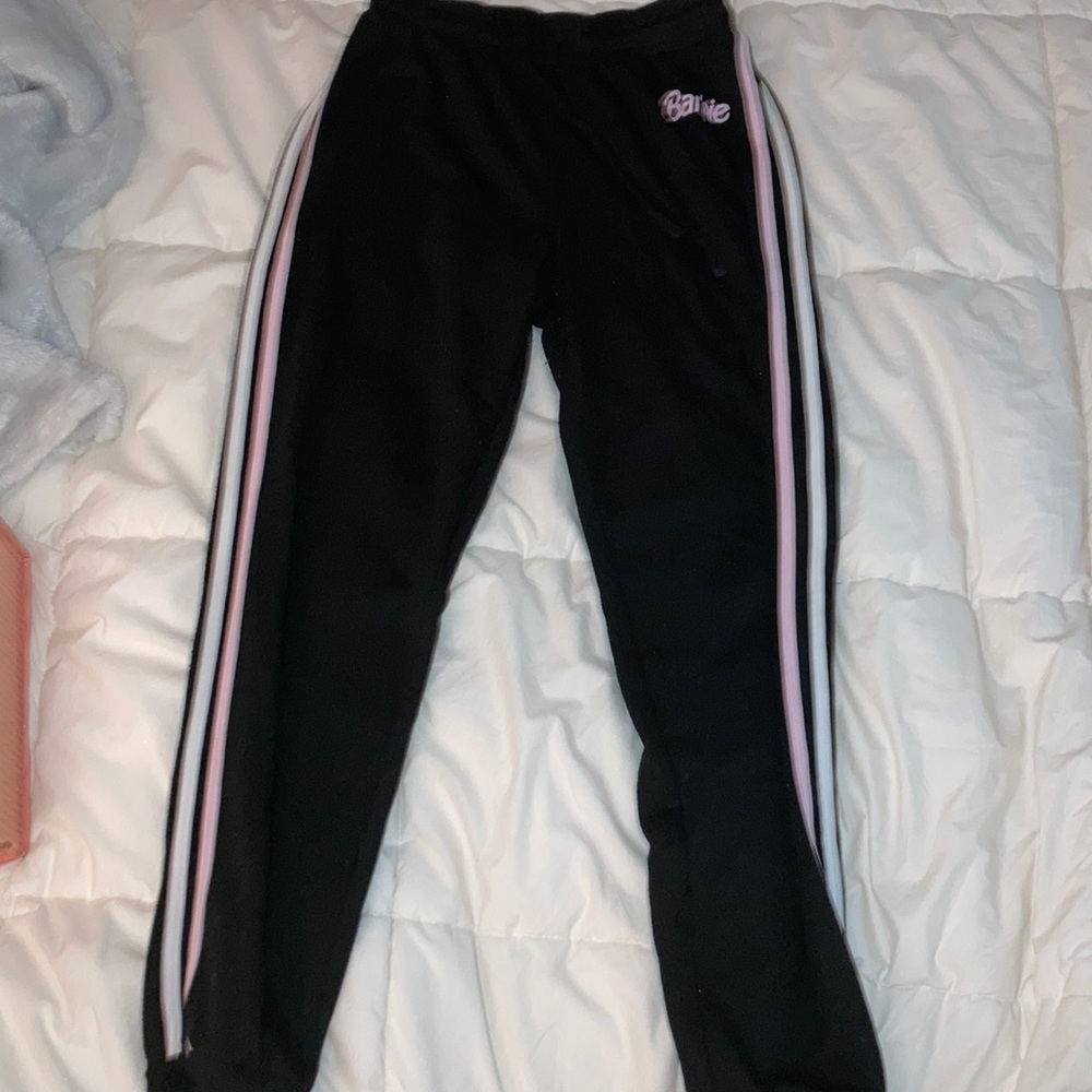 black, white, baby pink barbie sweat pants